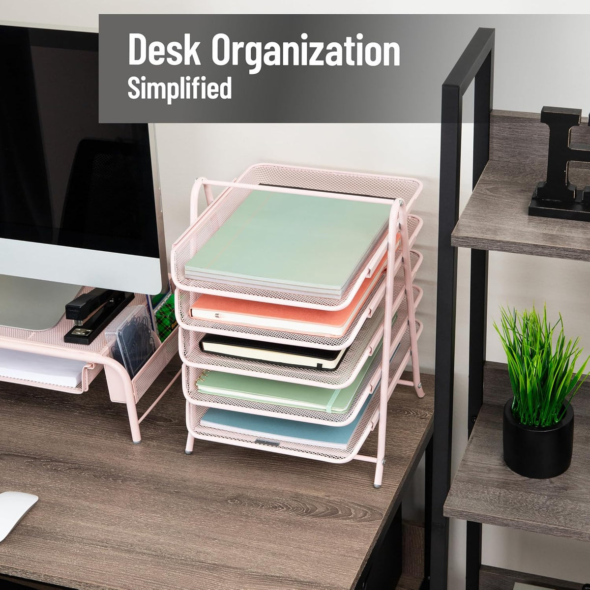5-Tier Paper Tray Organizer, Vertical Desktop File Storage Rack, Office, Metal Mesh, Black