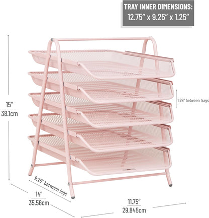 5-Tier Paper Tray Organizer, Vertical Desktop File Storage Rack, Office, Metal Mesh, Black