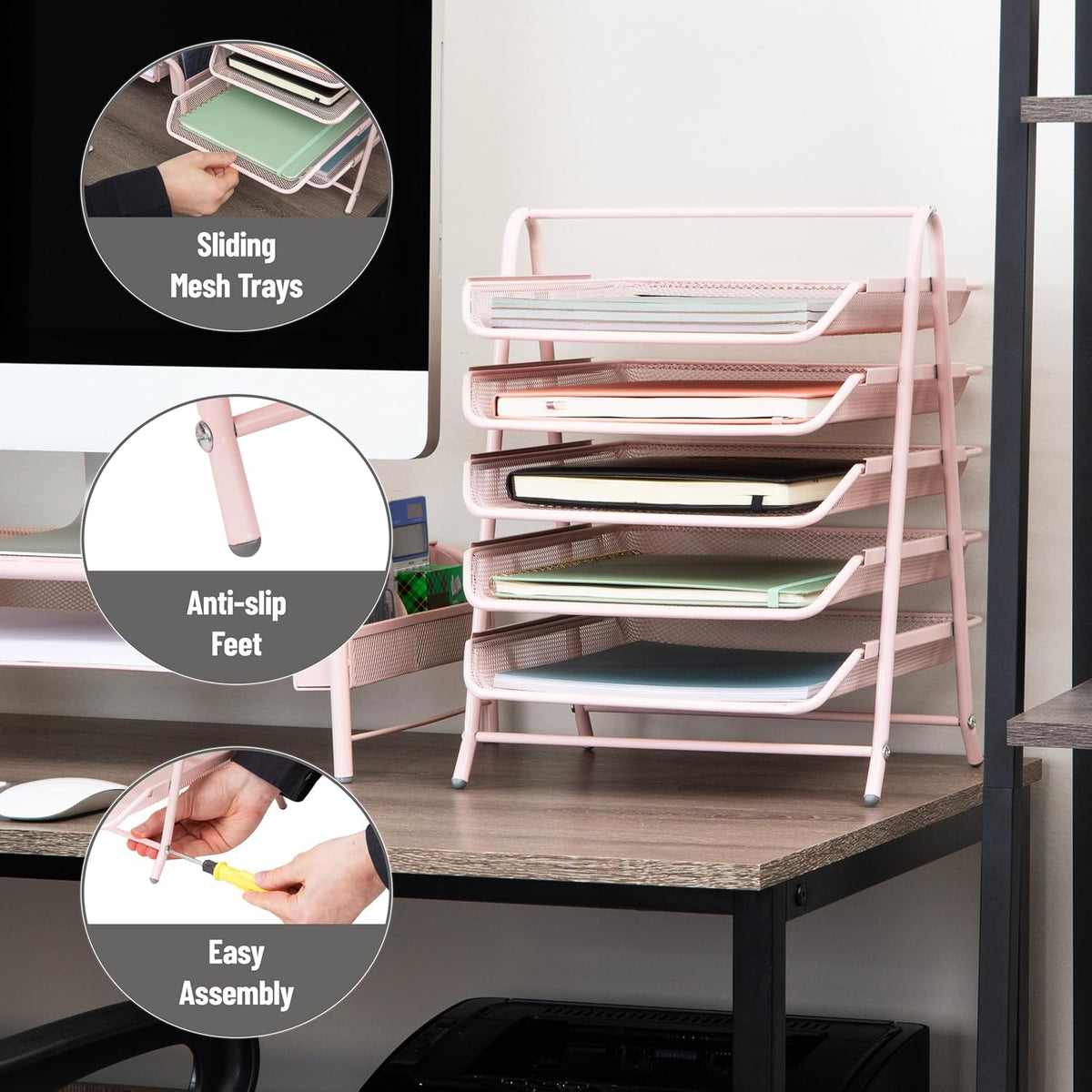 5-Tier Paper Tray Organizer, Vertical Desktop File Storage Rack, Office, Metal Mesh, Black