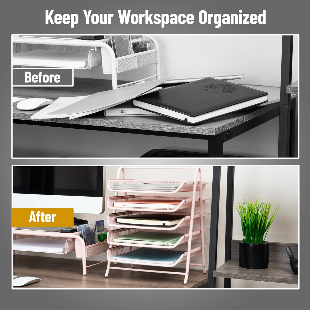 5-Tier Paper Tray Organizer, Vertical Desktop File Storage Rack, Office, Metal Mesh, Black