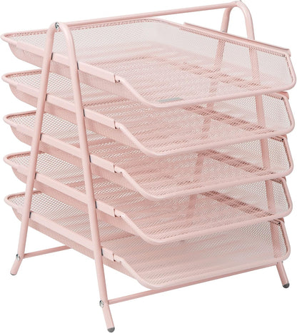 5-Tier Paper Tray Organizer, Vertical Desktop File Storage Rack, Office, Metal Mesh, Black
