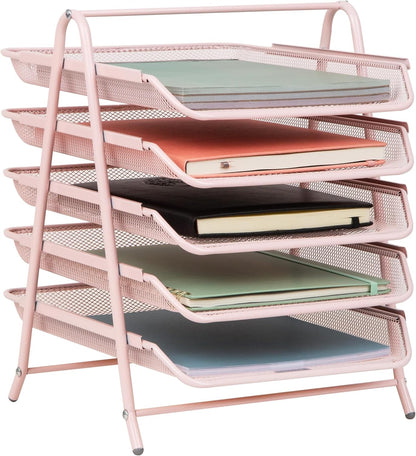5-Tier Paper Tray Organizer, Vertical Desktop File Storage Rack, Office, Metal Mesh, Black