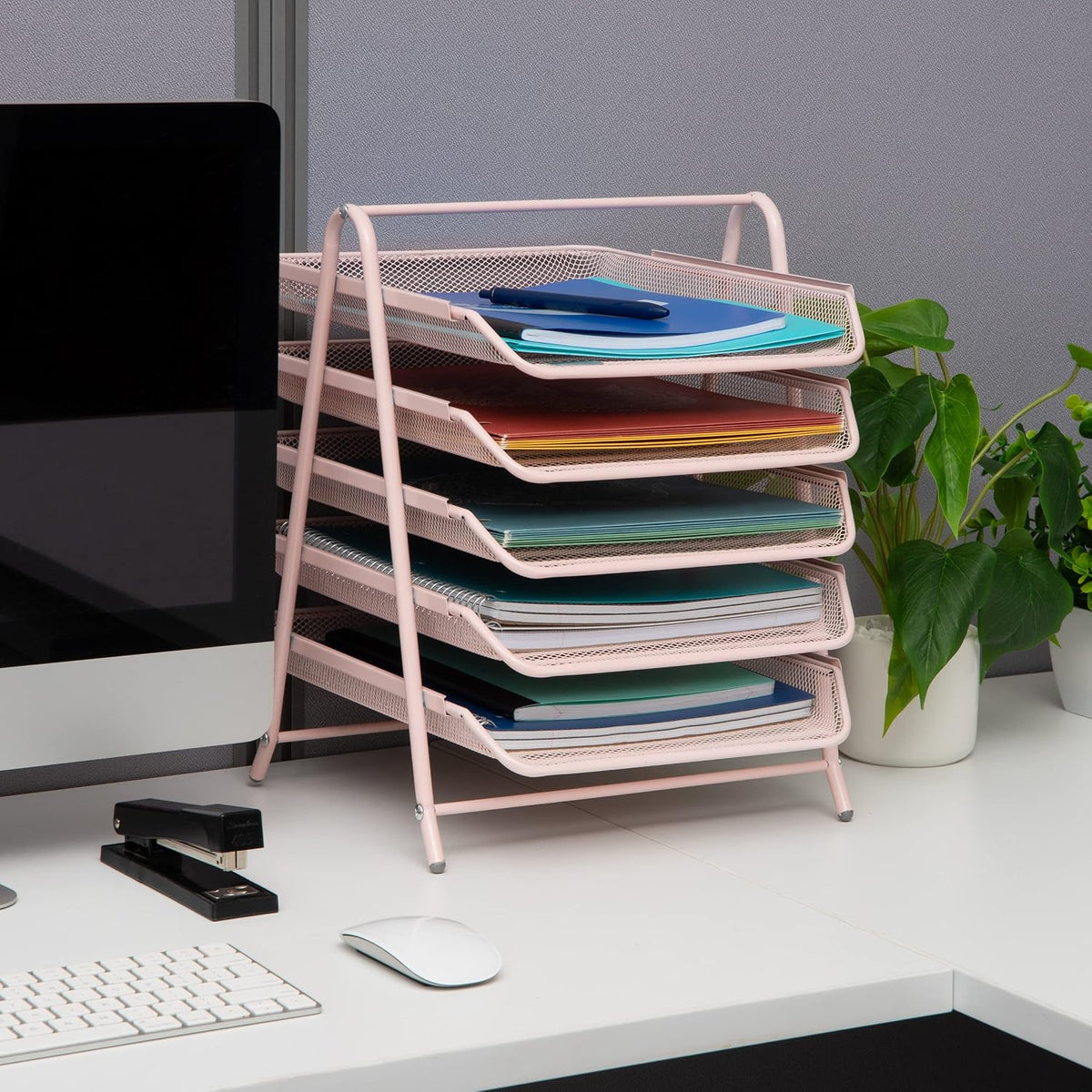 5-Tier Paper Tray Organizer, Vertical Desktop File Storage Rack, Office, Metal Mesh, Black