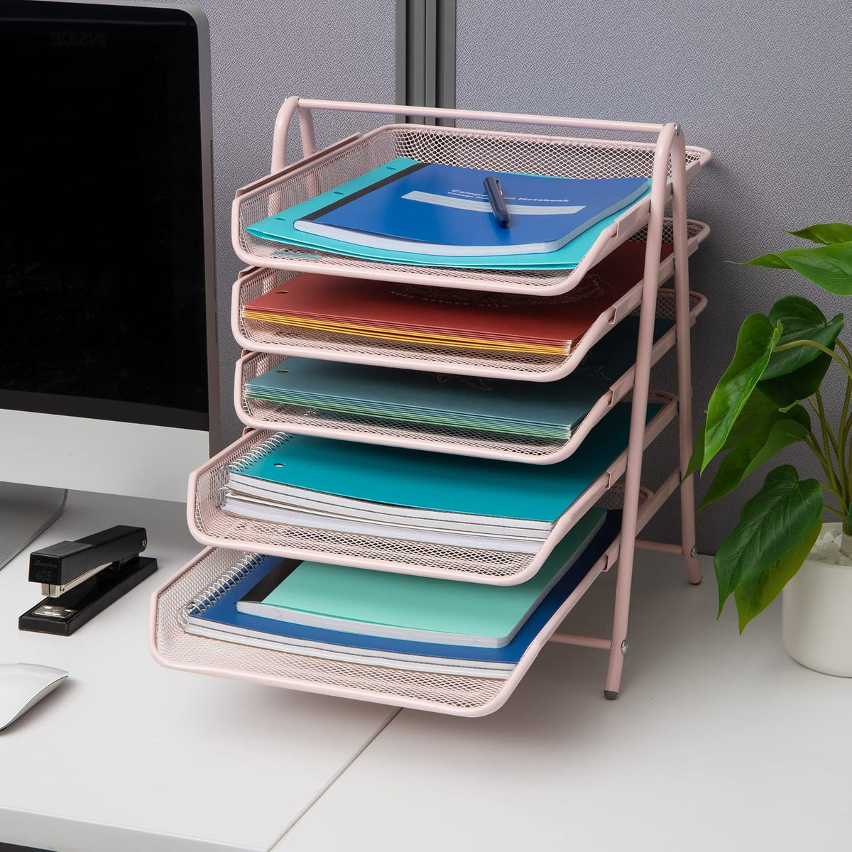 5-Tier Paper Tray Organizer, Vertical Desktop File Storage Rack, Office, Metal Mesh, Black