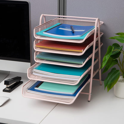 5-Tier Paper Tray Organizer, Vertical Desktop File Storage Rack, Office, Metal Mesh, Black