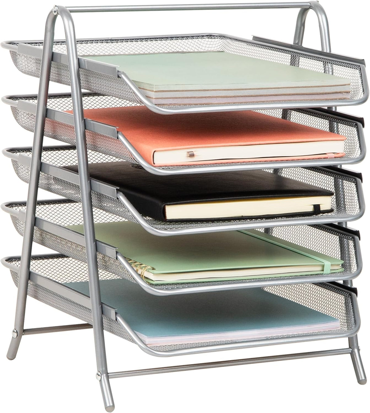 5-Tier Paper Tray Organizer, Vertical Desktop File Storage Rack, Office, Metal Mesh, Black