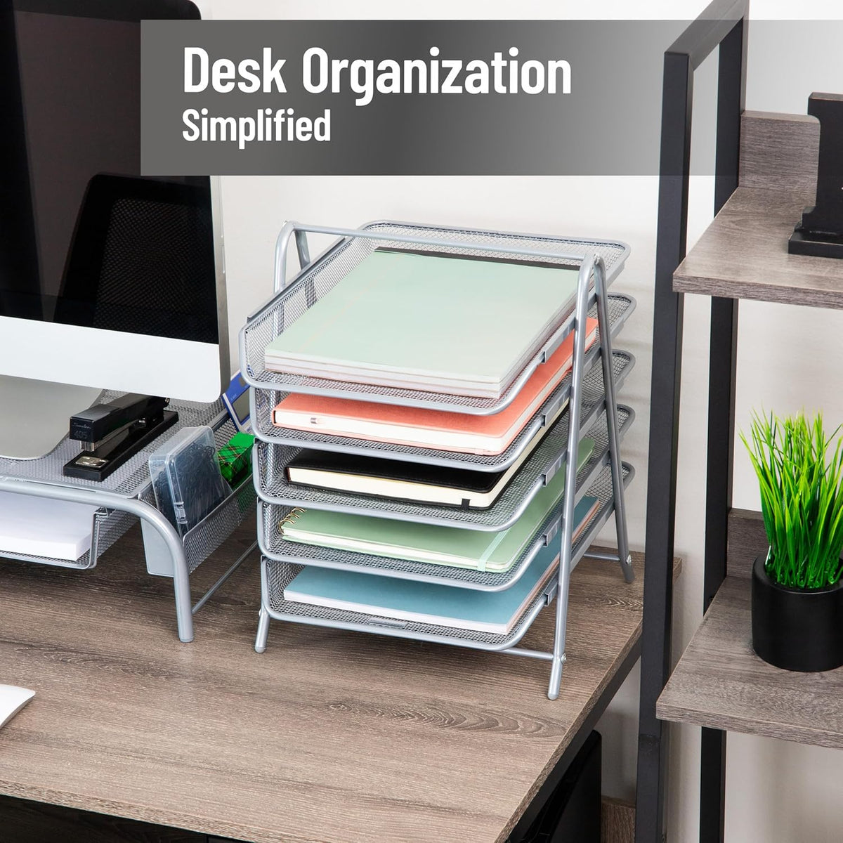 5-Tier Paper Tray Organizer, Vertical Desktop File Storage Rack, Office, Metal Mesh, Black