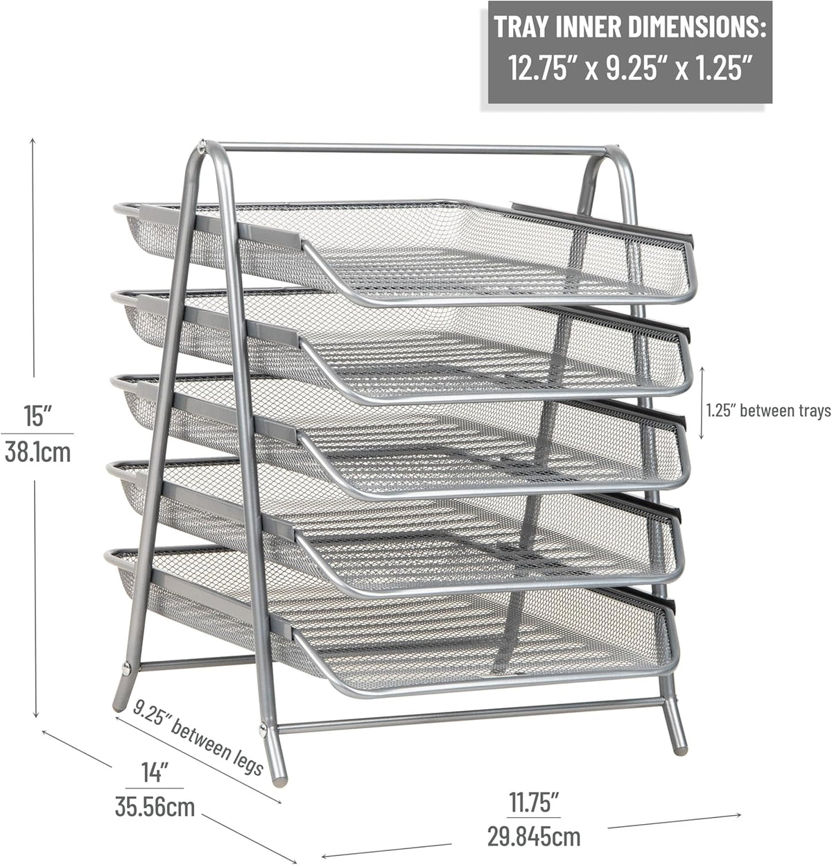 5-Tier Paper Tray Organizer, Vertical Desktop File Storage Rack, Office, Metal Mesh, Black