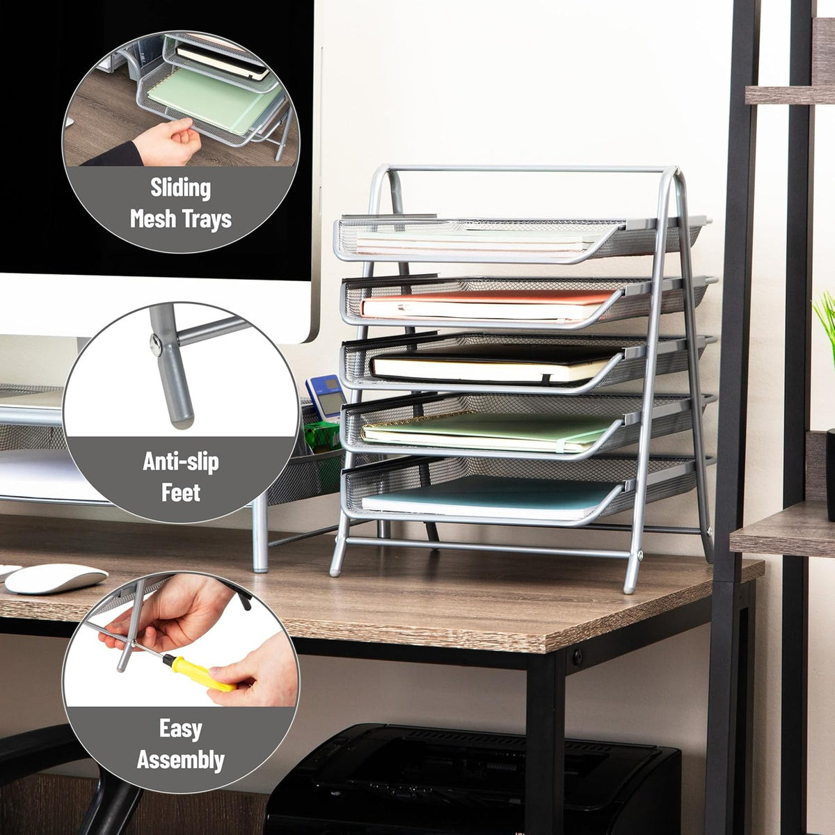 5-Tier Paper Tray Organizer, Vertical Desktop File Storage Rack, Office, Metal Mesh, Black