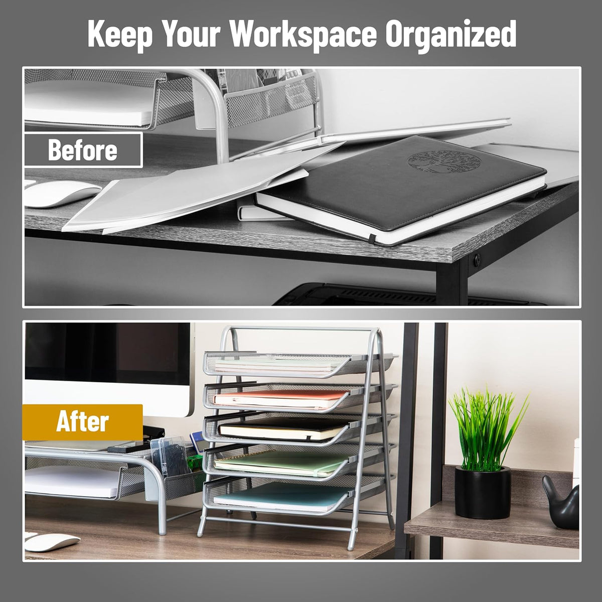 5-Tier Paper Tray Organizer, Vertical Desktop File Storage Rack, Office, Metal Mesh, Black
