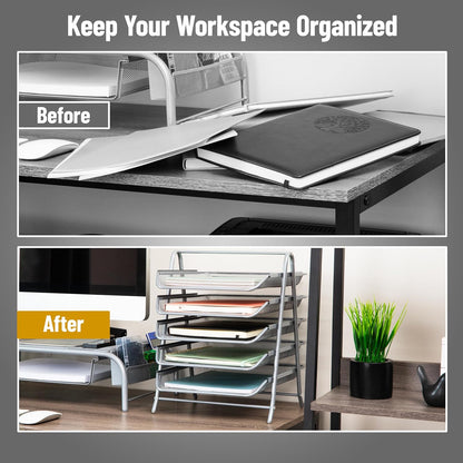 5-Tier Paper Tray Organizer, Vertical Desktop File Storage Rack, Office, Metal Mesh, Black