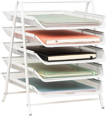 5-Tier Paper Tray Organizer, Vertical Desktop File Storage Rack, Office, Metal Mesh, Black