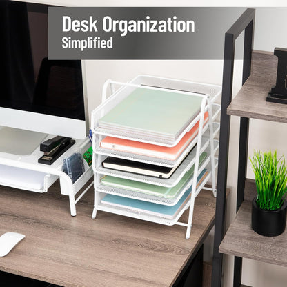 5-Tier Paper Tray Organizer, Vertical Desktop File Storage Rack, Office, Metal Mesh, Black
