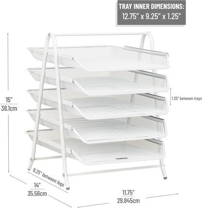 5-Tier Paper Tray Organizer, Vertical Desktop File Storage Rack, Office, Metal Mesh, Black