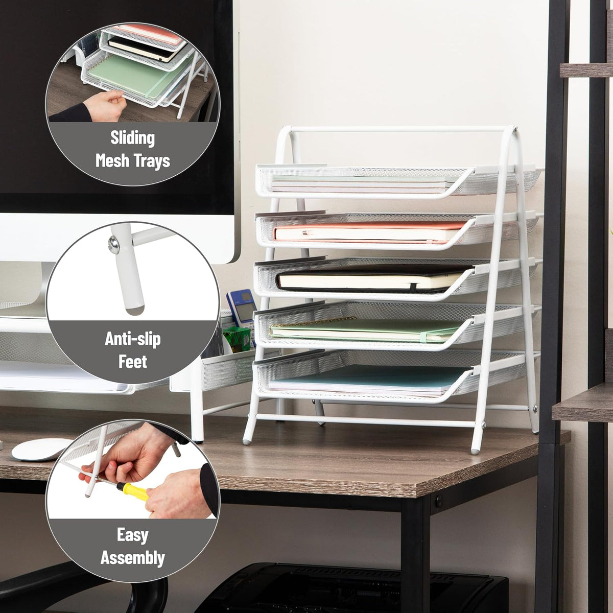 5-Tier Paper Tray Organizer, Vertical Desktop File Storage Rack, Office, Metal Mesh, Black