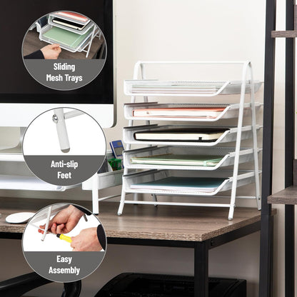 5-Tier Paper Tray Organizer, Vertical Desktop File Storage Rack, Office, Metal Mesh, Black