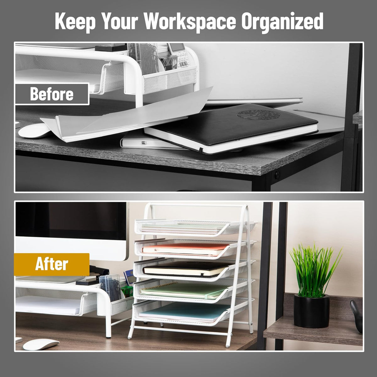5-Tier Paper Tray Organizer, Vertical Desktop File Storage Rack, Office, Metal Mesh, Black