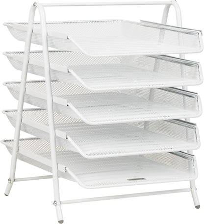5-Tier Paper Tray Organizer, Vertical Desktop File Storage Rack, Office, Metal Mesh, Black