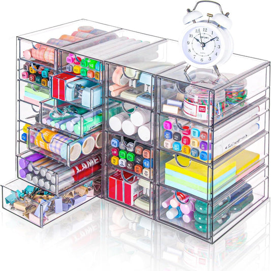 VZKAH Clear Acrylic Desk Organizer with 20 Drawers, 4 Modular Units