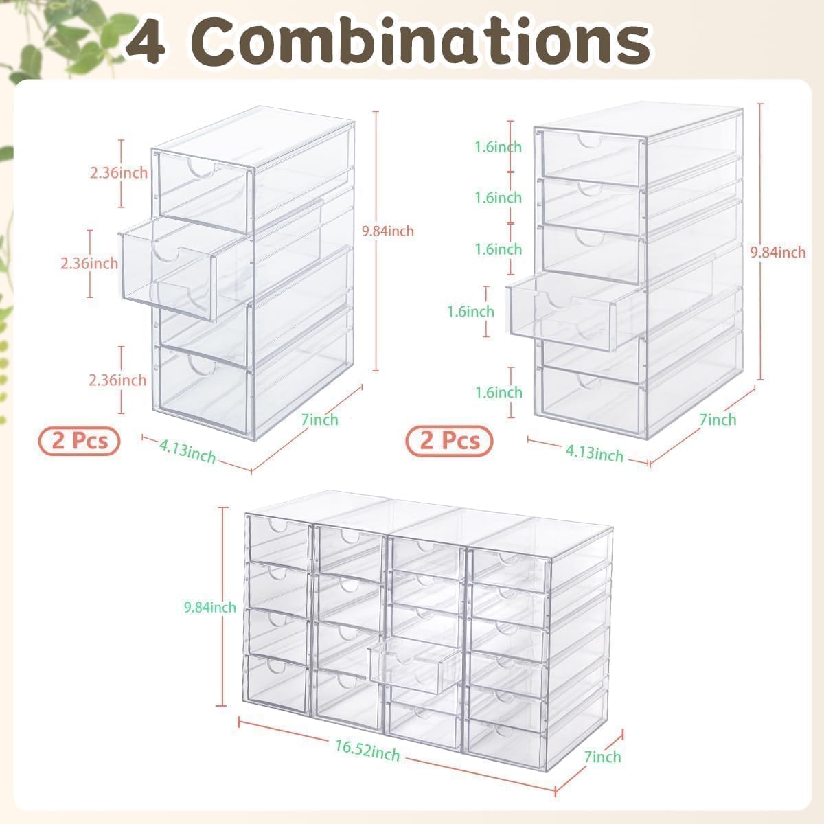 VZKAH Clear Acrylic Desk Organizer with 20 Drawers, 4 Modular Units