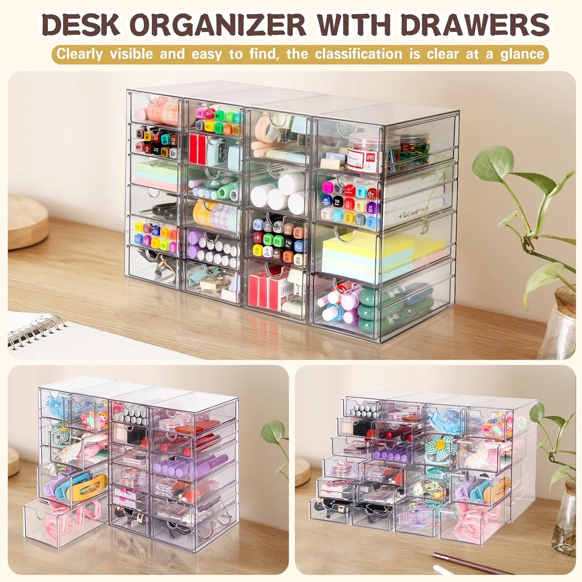 VZKAH Clear Acrylic Desk Organizer with 20 Drawers, 4 Modular Units