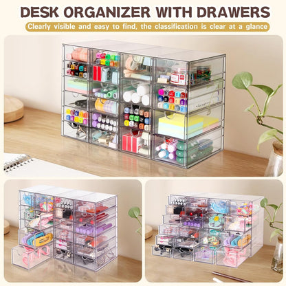 VZKAH Clear Acrylic Desk Organizer with 20 Drawers, 4 Modular Units