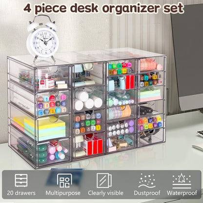 VZKAH Clear Acrylic Desk Organizer with 20 Drawers, 4 Modular Units