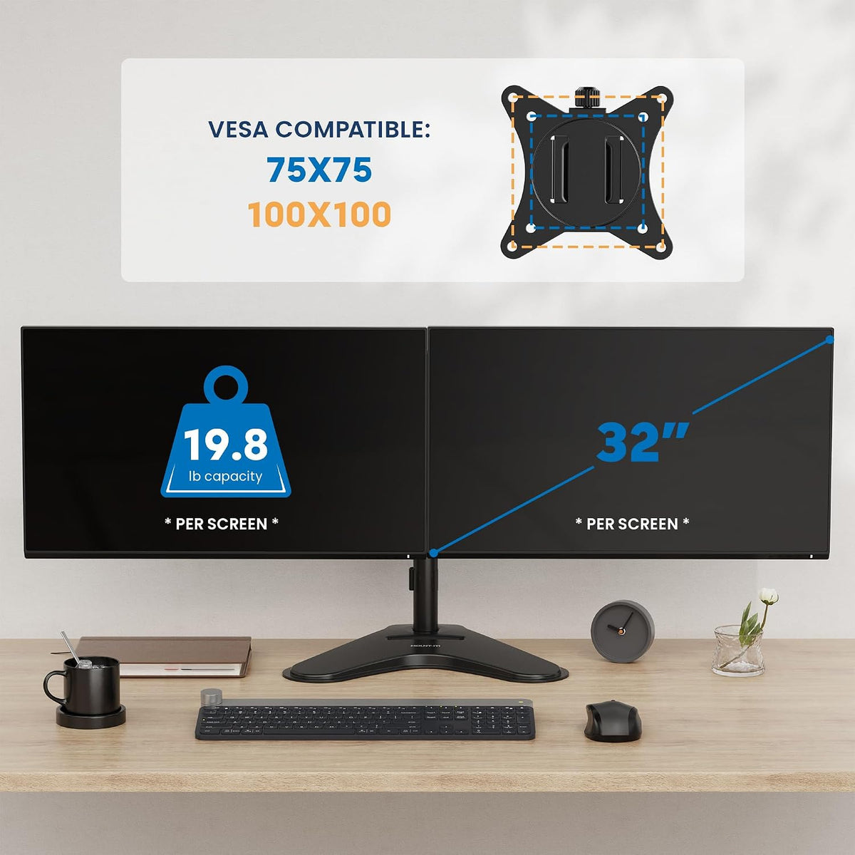 ! Dual Monitor Desk Stand Mount for 2 Screens VESA 75x75 & 100x100