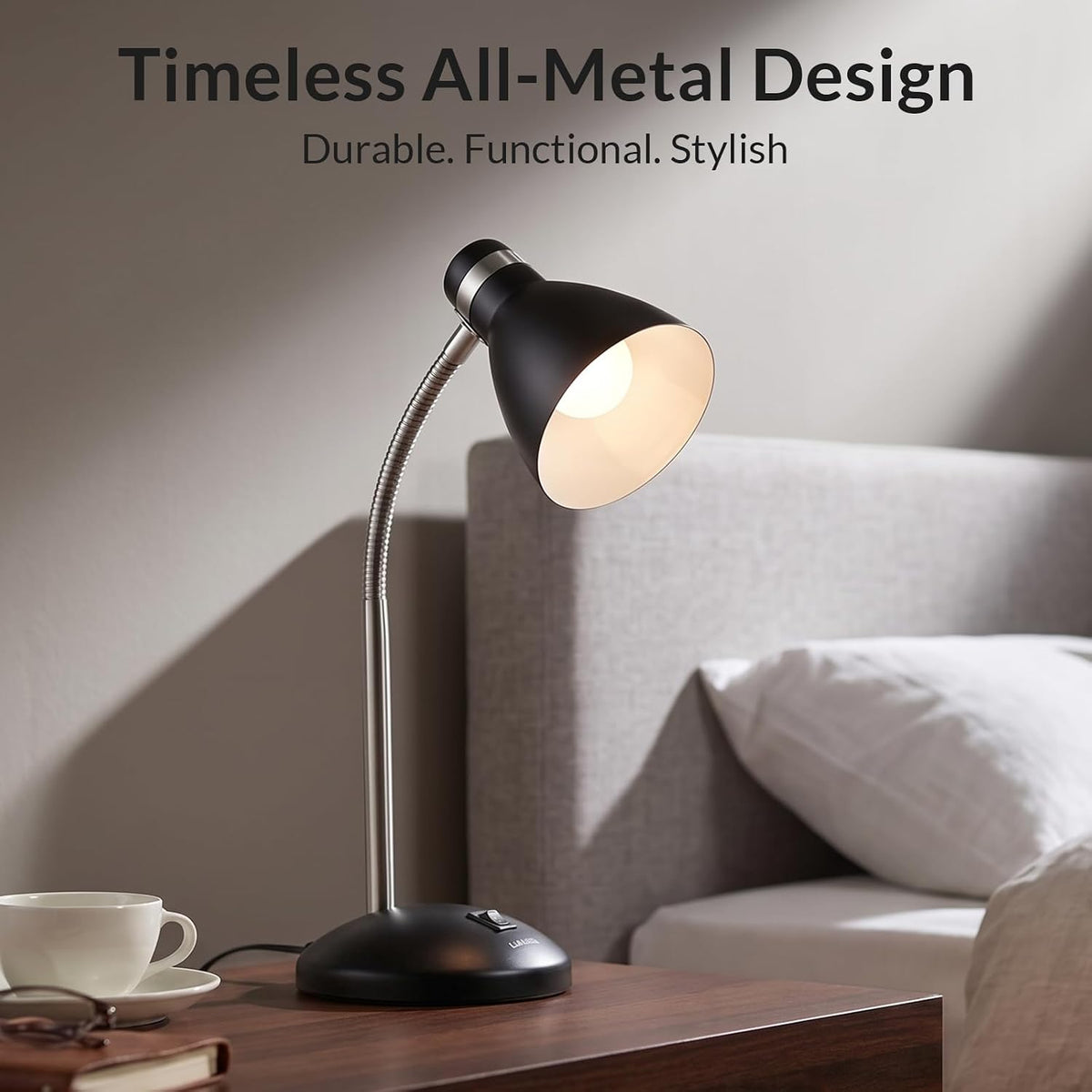 Metal Desk Lamp, Adjustable GooseNeck Reading Light for Bedroom