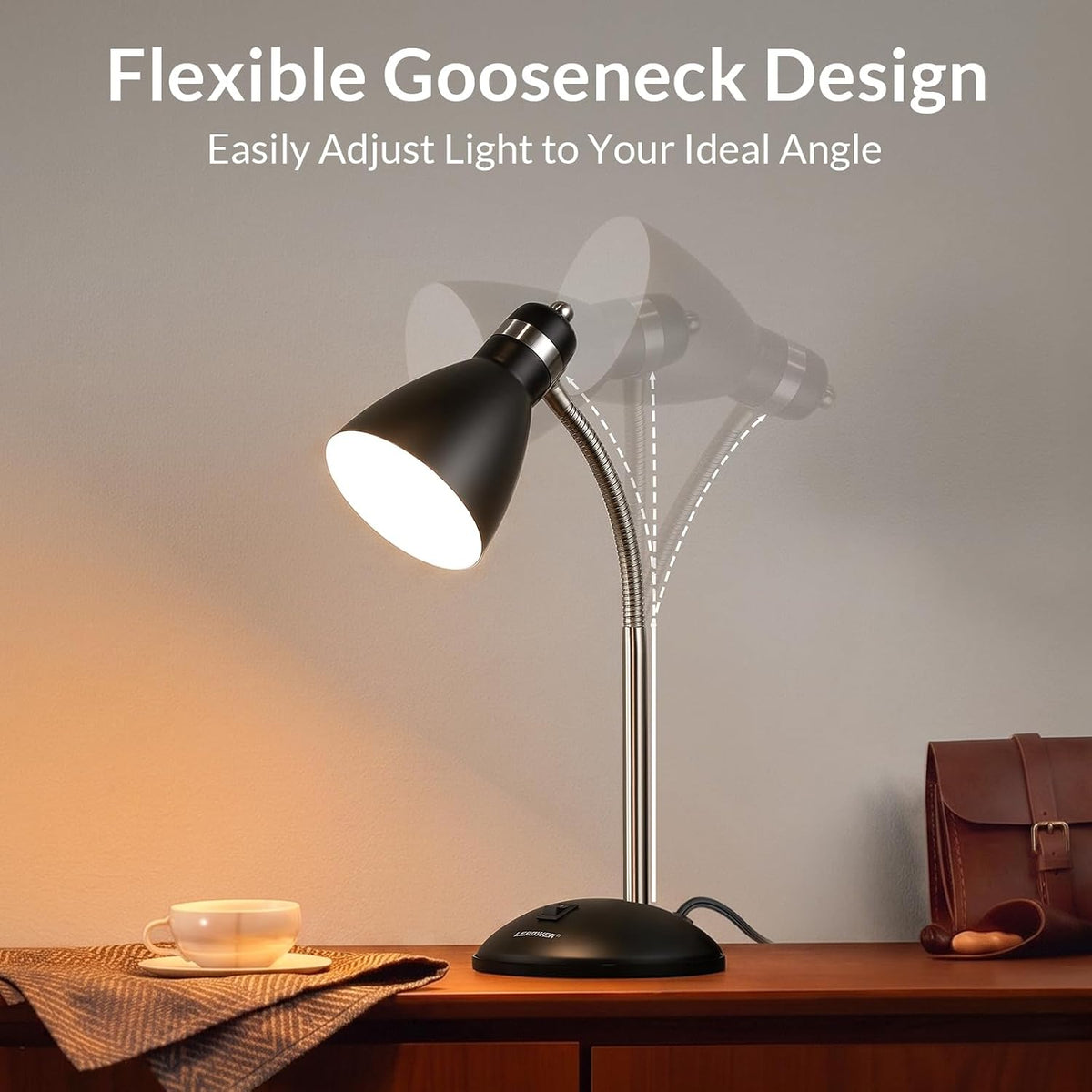 Metal Desk Lamp, Adjustable GooseNeck Reading Light for Bedroom