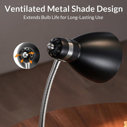 Metal Desk Lamp, Adjustable GooseNeck Reading Light for Bedroom