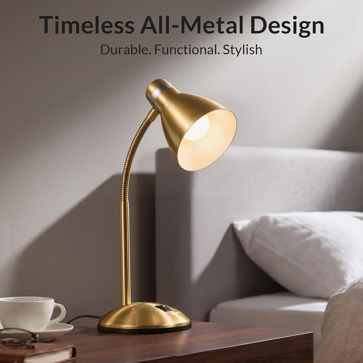 Metal Desk Lamp, Adjustable GooseNeck Reading Light for Bedroom