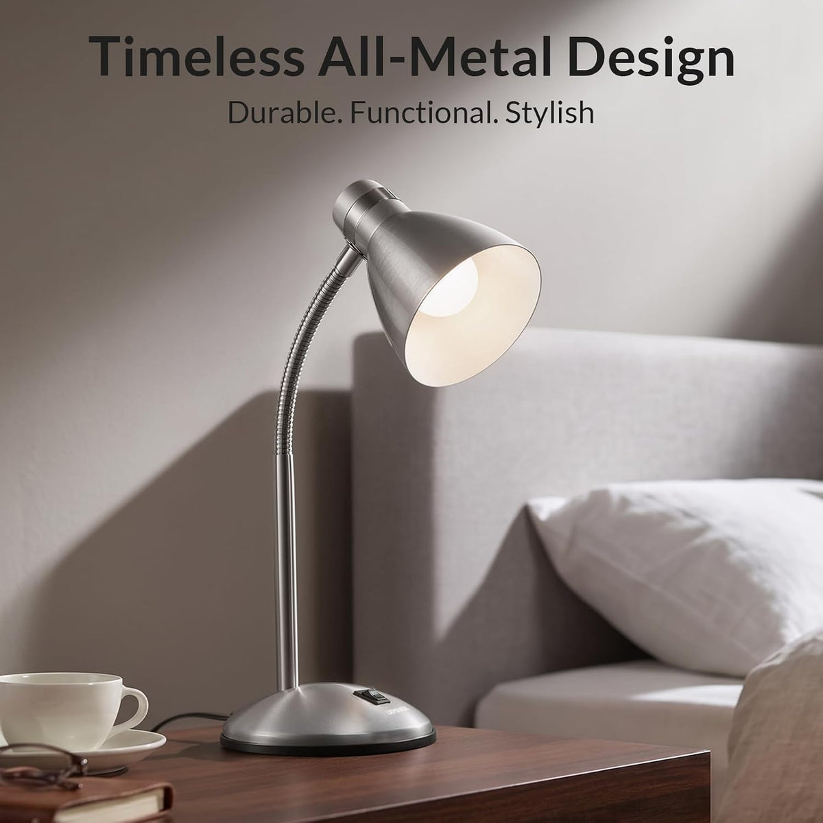 Metal Desk Lamp, Adjustable GooseNeck Reading Light for Bedroom