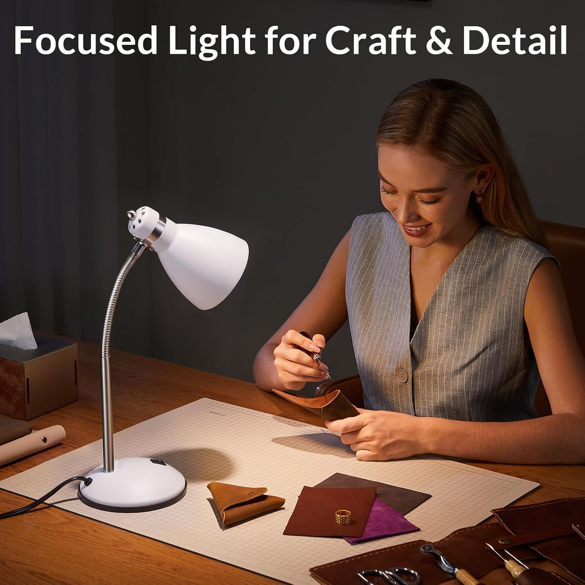 Metal Desk Lamp, Adjustable GooseNeck Reading Light for Bedroom