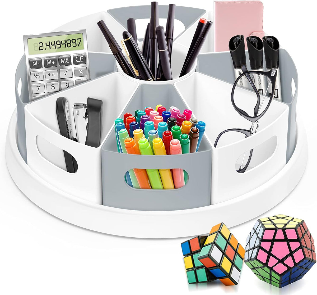 360 Rotating Storage Organizer Desk Organizers Pen Holder– 12” Lazy Susan Style Caddy with Removable Bins, for Home Office Supplies, Art Supplies, Make-up & Kitchen Use, with Card & Gift Box