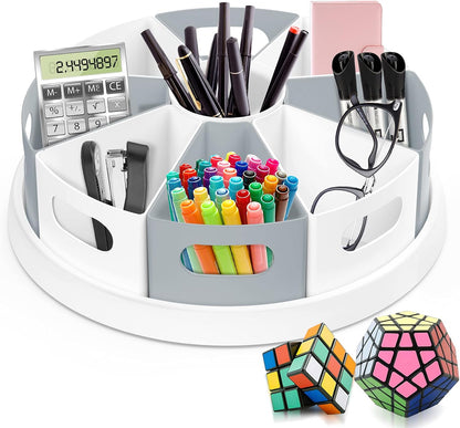 360 Rotating Storage Organizer Desk Organizers Pen Holder– 12” Lazy Susan Style Caddy with Removable Bins, for Home Office Supplies, Art Supplies, Make-up & Kitchen Use, with Card & Gift Box