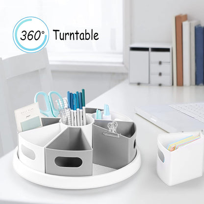 360 Rotating Storage Organizer Desk Organizers Pen Holder– 12” Lazy Susan Style Caddy with Removable Bins, for Home Office Supplies, Art Supplies, Make-up & Kitchen Use, with Card & Gift Box