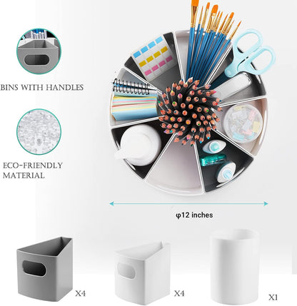 360 Rotating Storage Organizer Desk Organizers Pen Holder– 12” Lazy Susan Style Caddy with Removable Bins, for Home Office Supplies, Art Supplies, Make-up & Kitchen Use, with Card & Gift Box