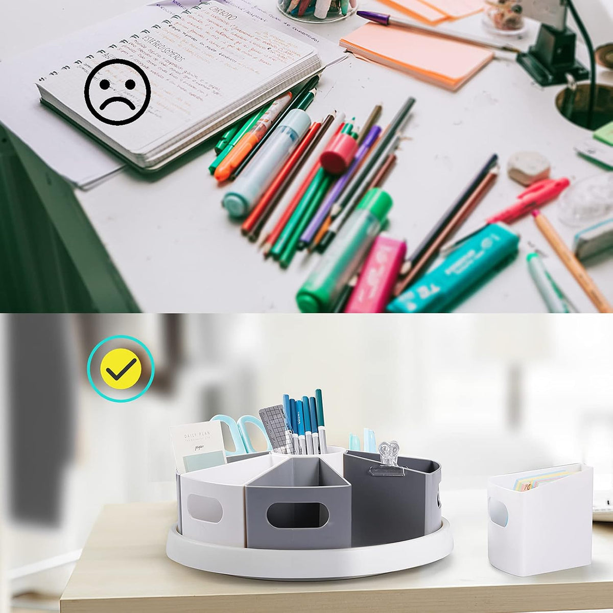 360 Rotating Storage Organizer Desk Organizers Pen Holder– 12” Lazy Susan Style Caddy with Removable Bins, for Home Office Supplies, Art Supplies, Make-up & Kitchen Use, with Card & Gift Box