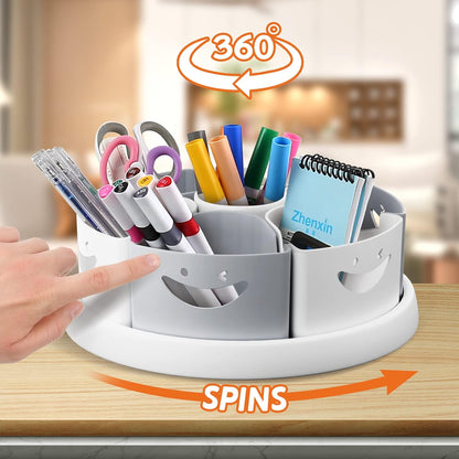 360 Rotating Storage Organizer Desk Organizers Pen Holder– 12” Lazy Susan Style Caddy with Removable Bins, for Home Office Supplies, Art Supplies, Make-up & Kitchen Use, with Card & Gift Box