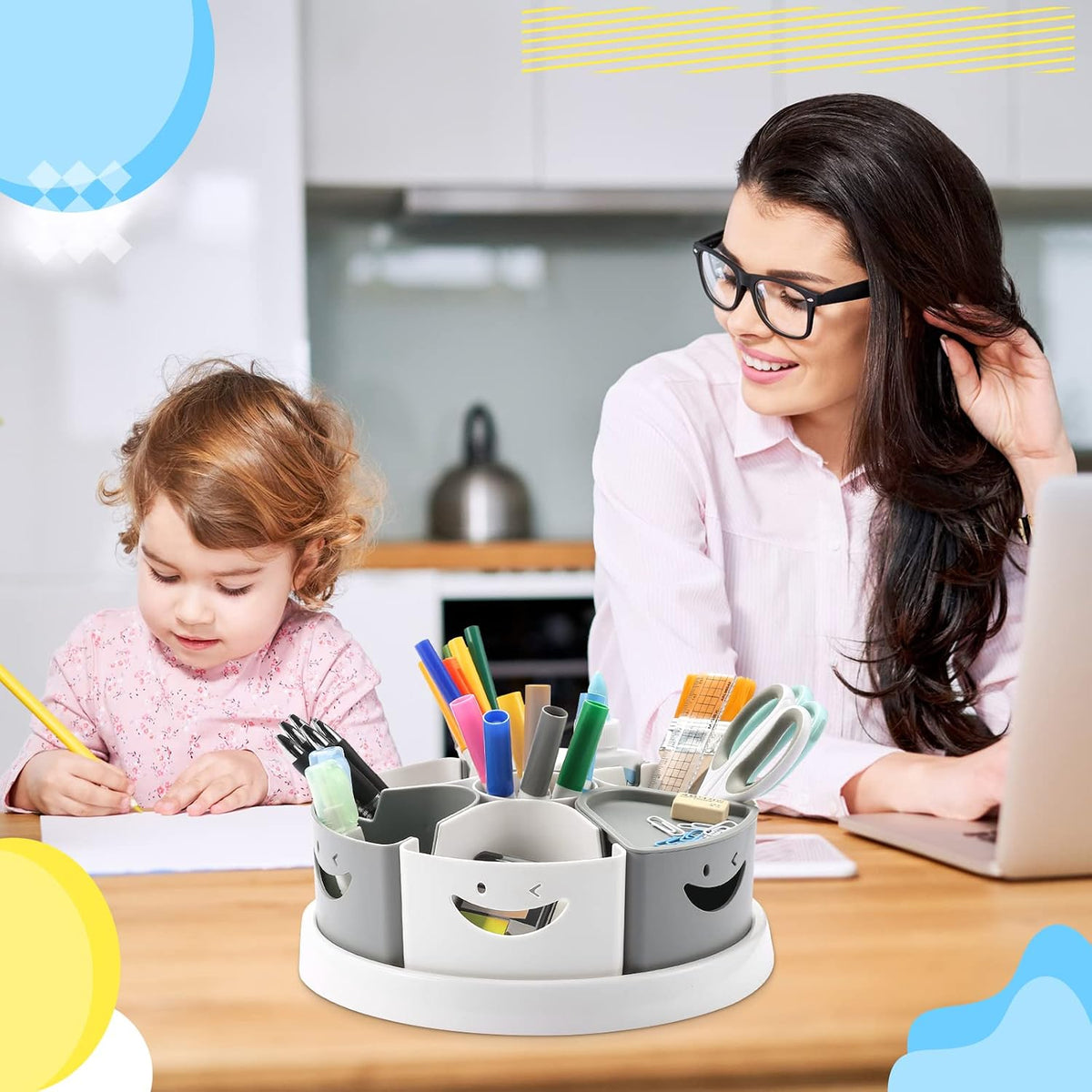 360 Rotating Storage Organizer Desk Organizers Pen Holder– 12” Lazy Susan Style Caddy with Removable Bins, for Home Office Supplies, Art Supplies, Make-up & Kitchen Use, with Card & Gift Box