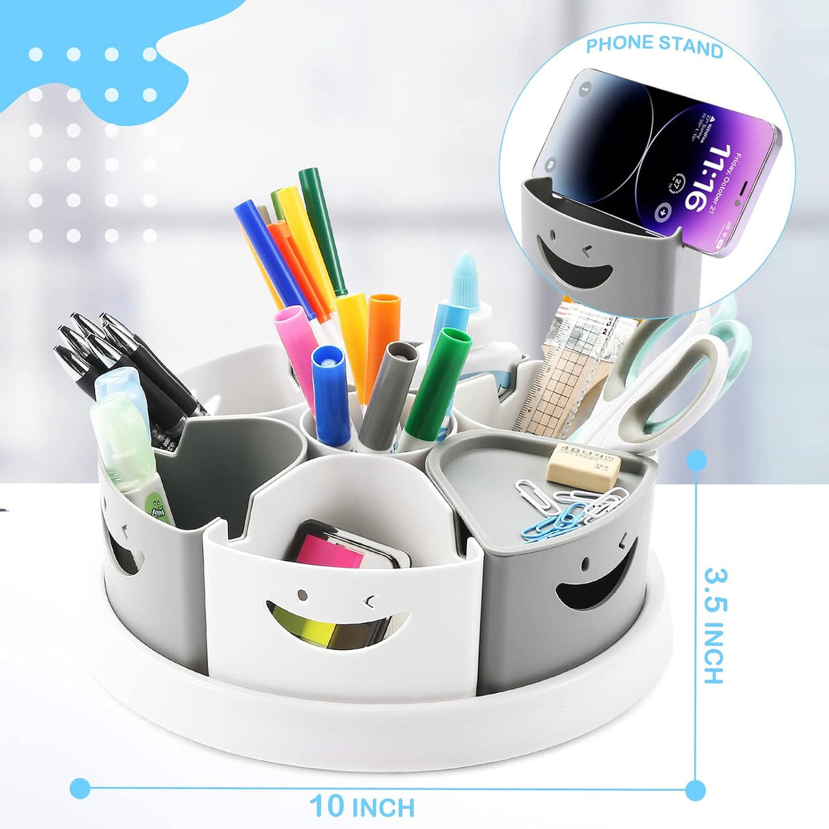 360 Rotating Storage Organizer Desk Organizers Pen Holder– 12” Lazy Susan Style Caddy with Removable Bins, for Home Office Supplies, Art Supplies, Make-up & Kitchen Use, with Card & Gift Box
