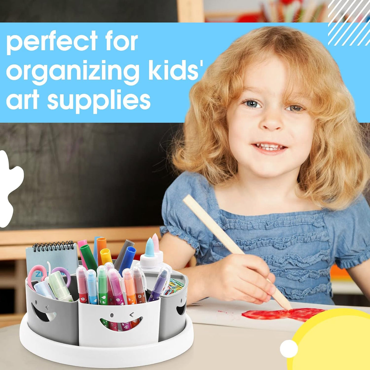 360 Rotating Storage Organizer Desk Organizers Pen Holder– 12” Lazy Susan Style Caddy with Removable Bins, for Home Office Supplies, Art Supplies, Make-up & Kitchen Use, with Card & Gift Box