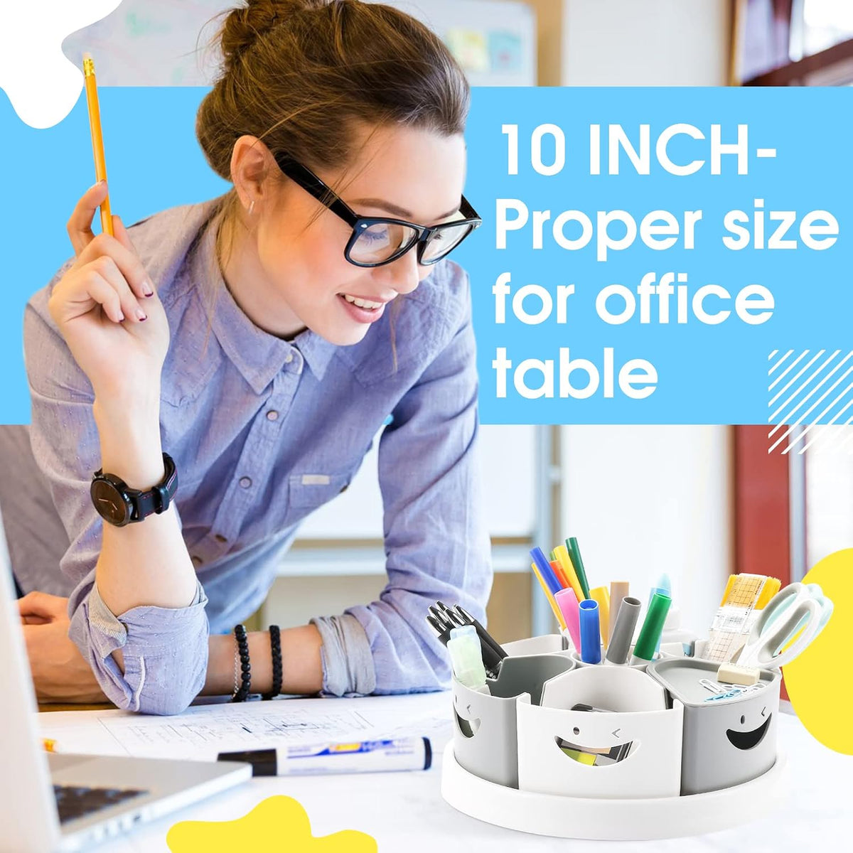 360 Rotating Storage Organizer Desk Organizers Pen Holder– 12” Lazy Susan Style Caddy with Removable Bins, for Home Office Supplies, Art Supplies, Make-up & Kitchen Use, with Card & Gift Box