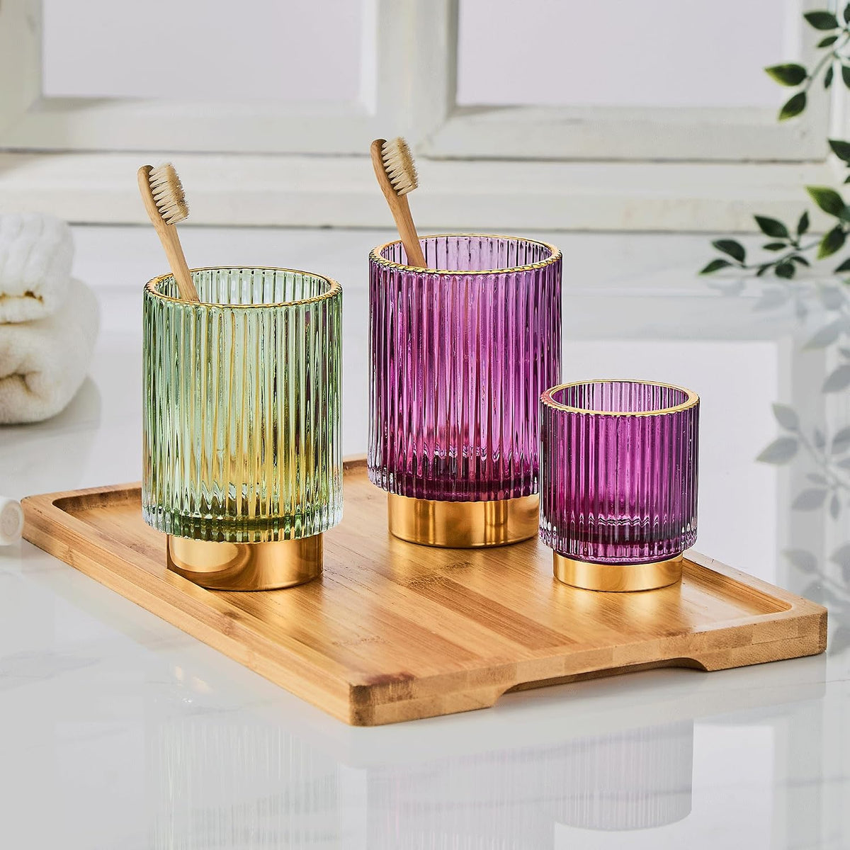 Makeup Brush Holder Organizer,Toothbrush Holders,Desk Pen Pencil Holder,Multifunctional Vintage Glass Brush Cup（L/Green/A3-6-US）