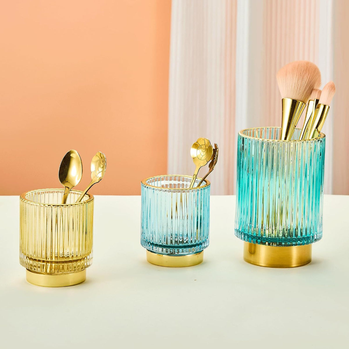 Makeup Brush Holder Organizer,Toothbrush Holders,Desk Pen Pencil Holder,Multifunctional Vintage Glass Brush Cup（L/Green/A3-6-US）