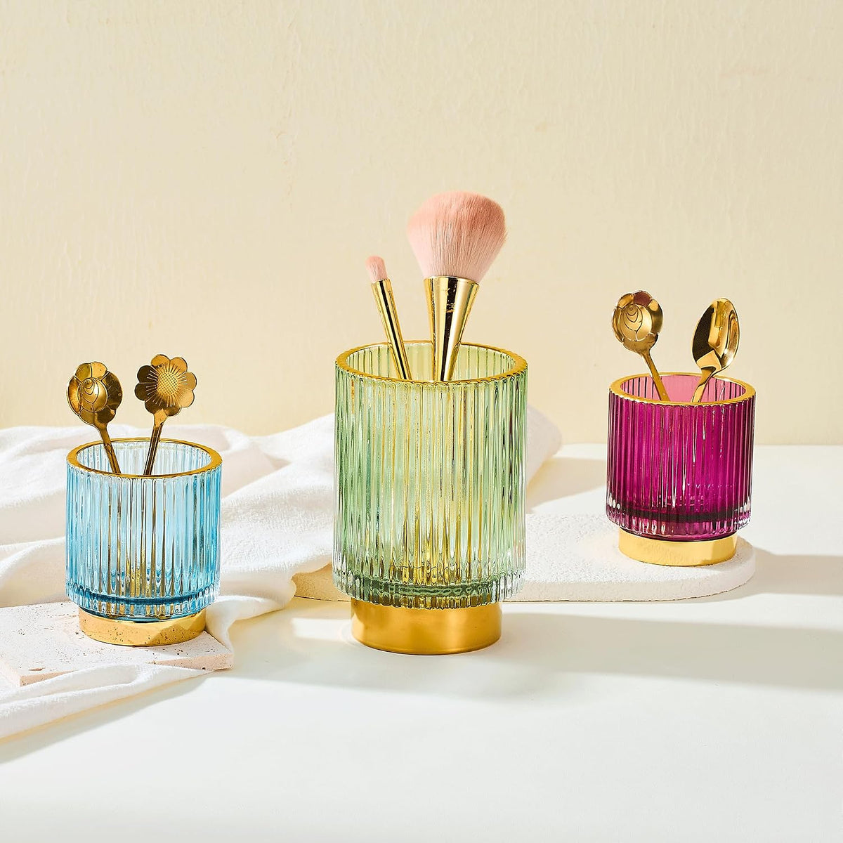 Makeup Brush Holder Organizer,Toothbrush Holders,Desk Pen Pencil Holder,Multifunctional Vintage Glass Brush Cup（L/Green/A3-6-US）