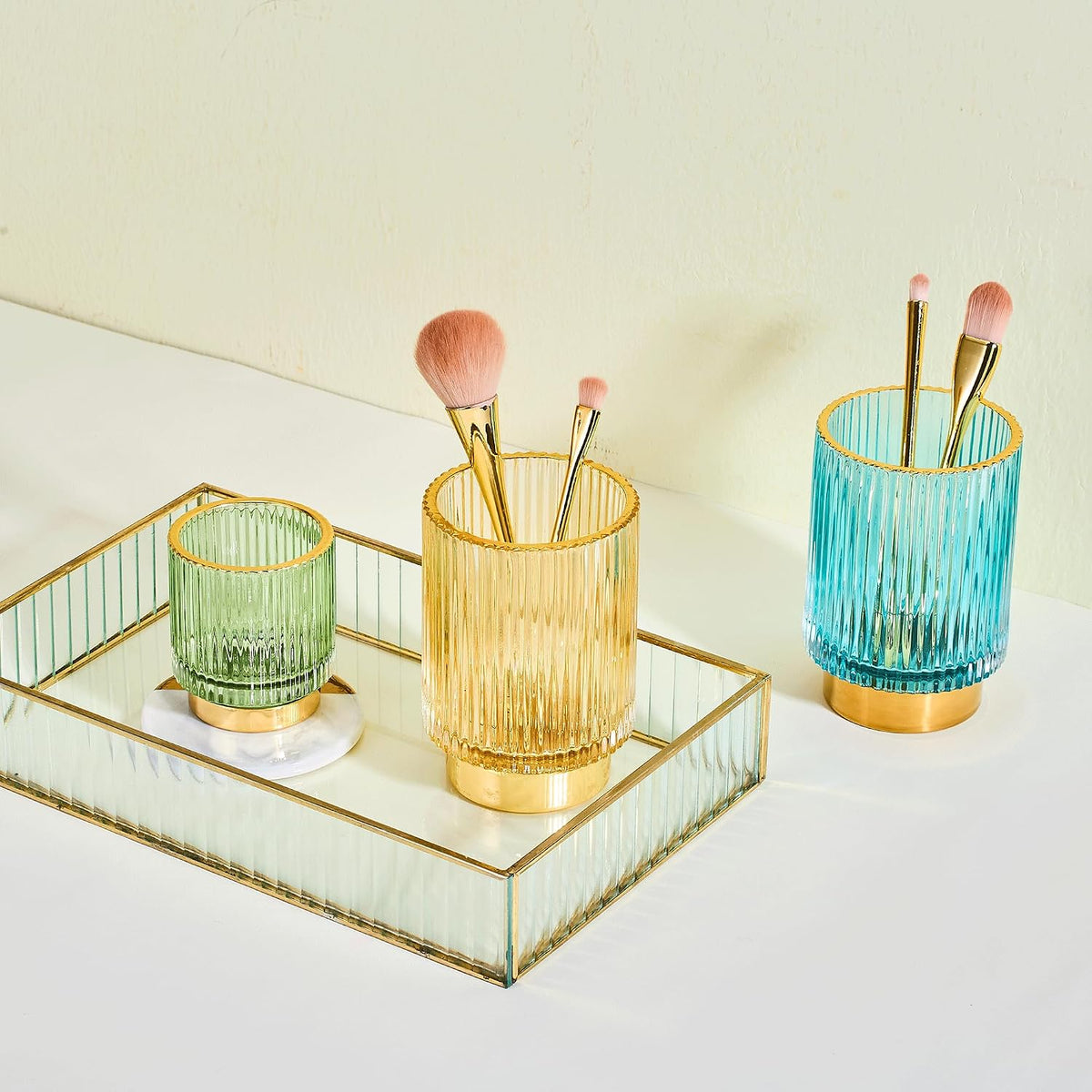 Makeup Brush Holder Organizer,Toothbrush Holders,Desk Pen Pencil Holder,Multifunctional Vintage Glass Brush Cup（L/Green/A3-6-US）