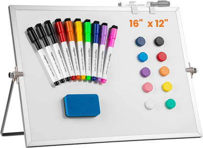 Dry Erase White Board, 16 x 12inch Magnetic Desktop Whiteboard with Stand,10 Markers, 10 Magnets and 1 Eraser, Portable Double-Sided White Board for Kid Drawing Memo to Do and List Wall-White