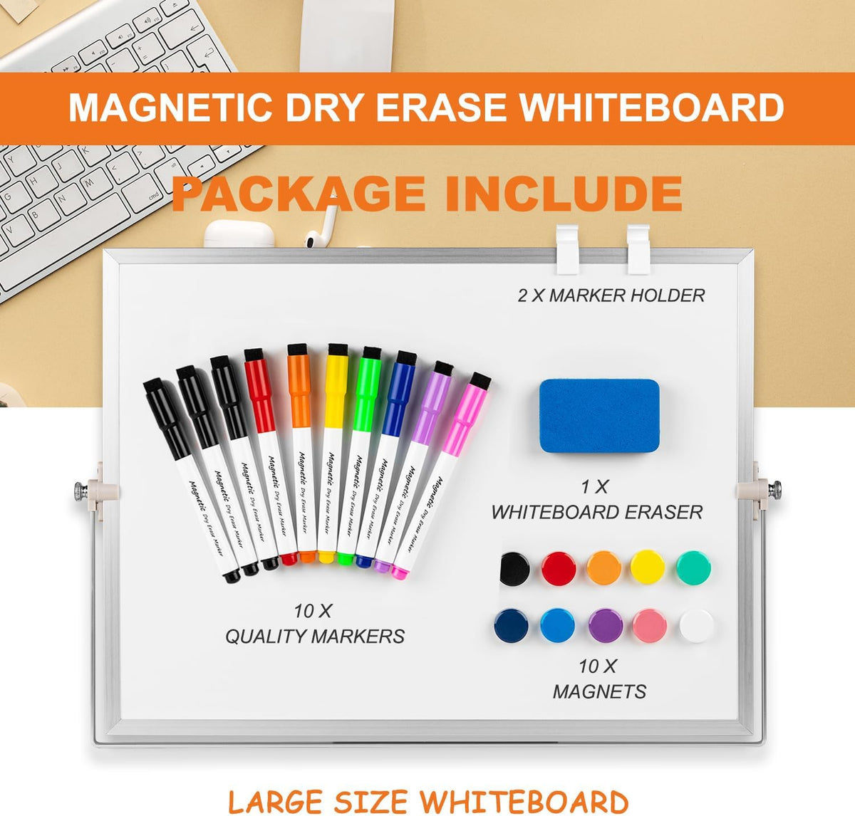 Dry Erase White Board, 16 x 12inch Magnetic Desktop Whiteboard with Stand,10 Markers, 10 Magnets and 1 Eraser, Portable Double-Sided White Board for Kid Drawing Memo to Do and List Wall-White